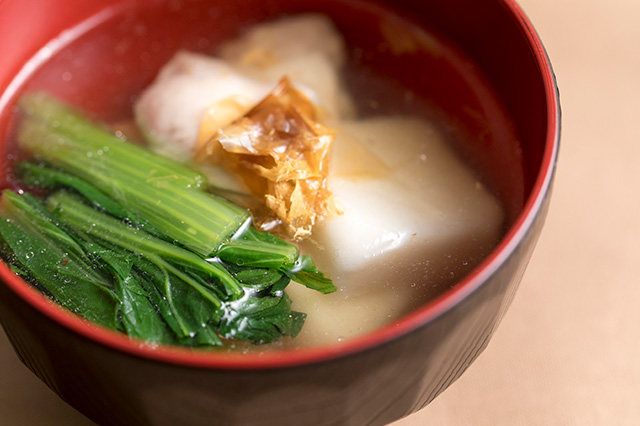 Zoni (Japanese Soup Containing Rice Cakes and Japanese Mustard Spinach)