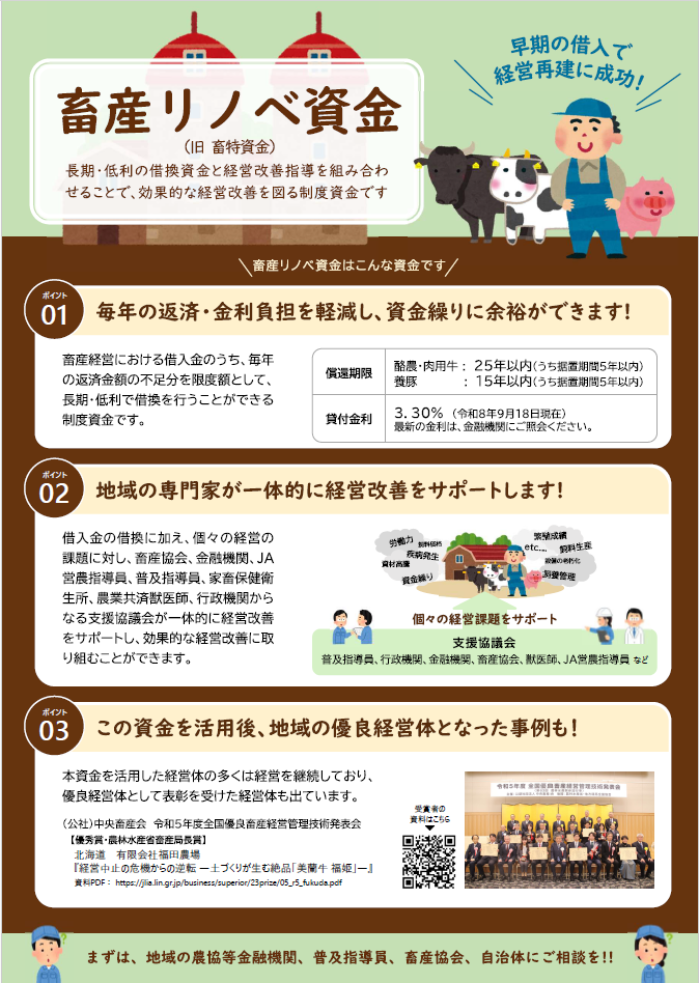 「畜産リノベ資金」の案内チラシ（2026年9月更新）。長期・低利の借換資金と経営改善指導を組み合わせることで効果的な経営改善を図る融資制度の概要を示す。