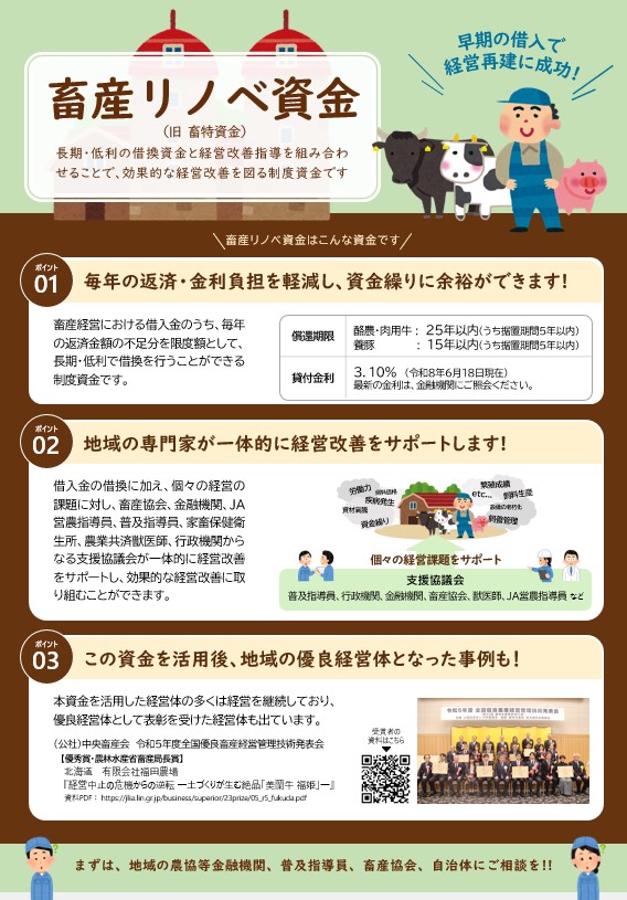 畜産リノベ資金（旧 畜特資金）の制度概要を示すチラシ。長期・低利の借換資金と経営改善指導を組み合わせた制度資金。
