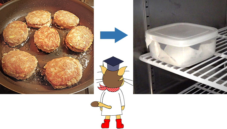 加熱したハンバーグと冷蔵庫に入れた保存容器