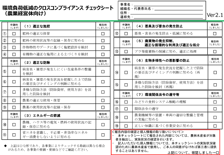 環境負荷低減のクロスコンプライアンスのチェックシート
