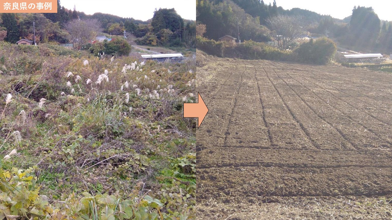 左は雑草が繁茂した耕作放棄農地。右は除草・耕起が完了した整然とした農地。遊休農地解消対策事業により除草等を実施し、遊休農地を解消。例