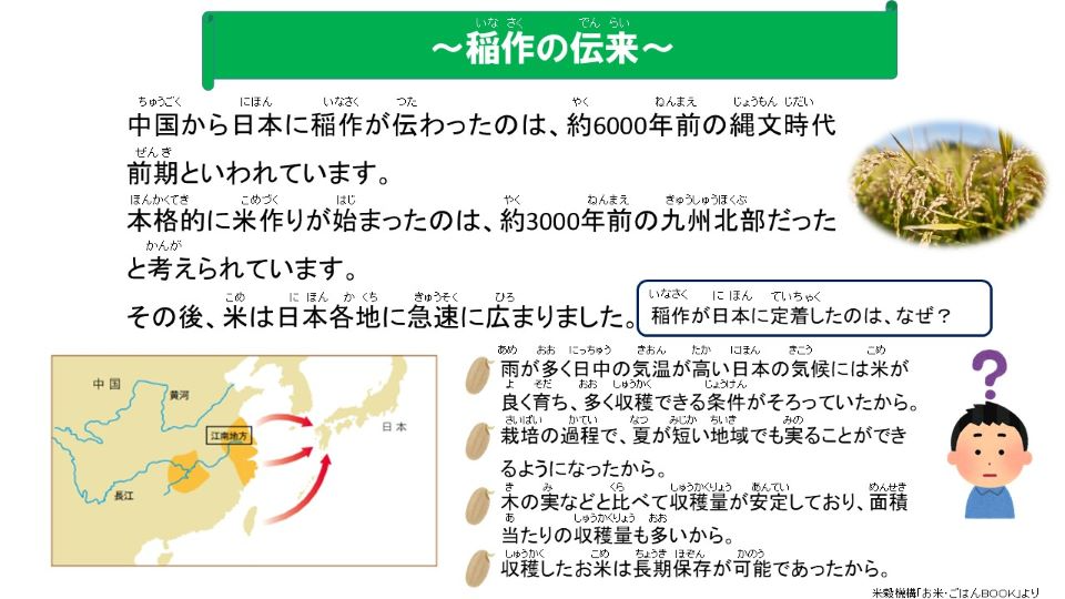 稲作の伝来　中国から日本に稲作が伝わったのは、約6000年前の縄文時代前期といわれています。 本格的に米作りが始まったのは、約3000年前の九州北部だったと考えられています。 その後、米は日本各地に急速に広まりました