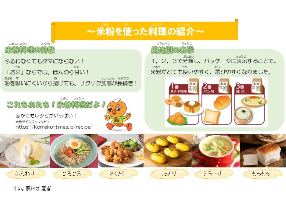 米粉を使った料理の紹介　ふるわなくてもダマにならない！ 「お米」ならでは、ほんのり甘い！ 油を吸いにくいから揚げても、サクサク食感が長続き！