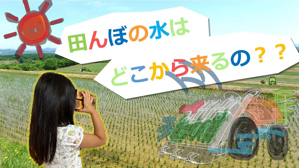 田んぼと子どもの写真