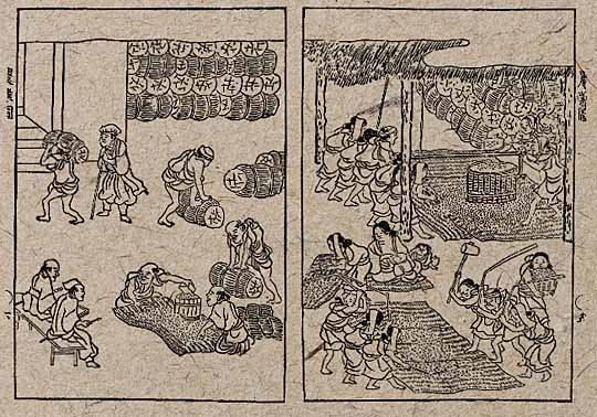 江戸時代のもみすりのイラスト