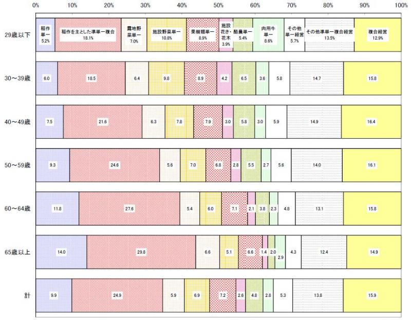 認定農業者(法人、共同申請を除く)の年齢階層別・営農類型別認定状況(棒グラフ)