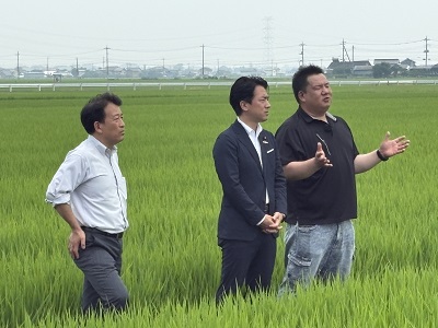 ほ場を視察する小泉農林水産大臣（中央）と笹川農林水産副大臣（手前）