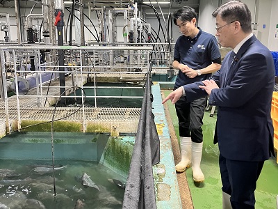 閉鎖循環式陸上養殖施設でサーモンの生産現場を視察する庄子農林水産大臣政務官