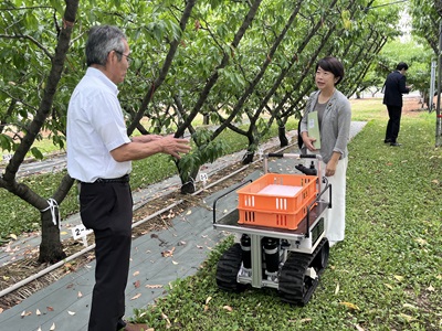 動線を単純化できる省力樹形と農業用追従ロボットを視察する山本農林水産大臣政務官