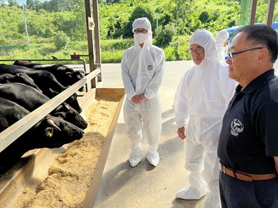 佐呂間町で牛肉の輸出関連事業者の牛舎を現地調査する庄子農林水産大臣政務官（中央）