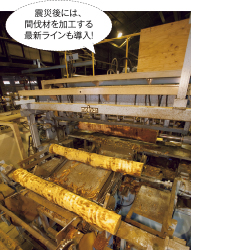 国産材用に震災後新しく導入した機械。丸太をダイコンのかつらむきのように薄くスライスする