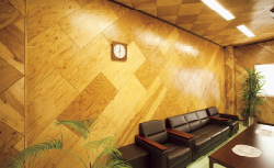 サンプルとして使用する、構造用合板の表面を生かした応接室