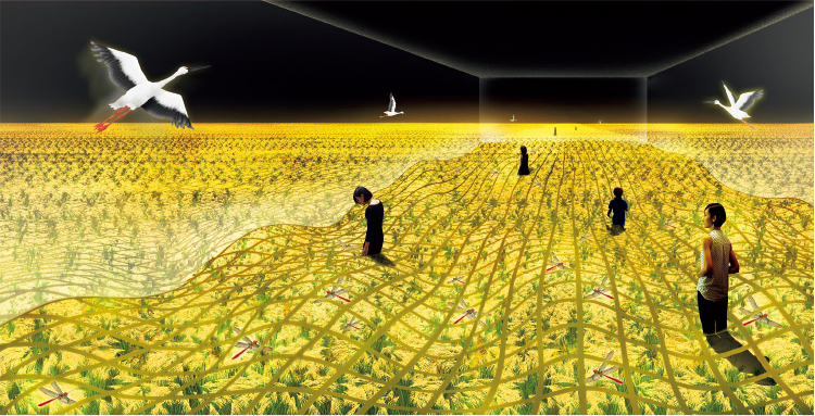 SceneⅠ HARMONYでは、プロジェクションマッピング技術により、稲穂など四季折々の農村風景を演出