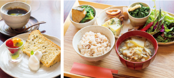 ランチ「旬の野菜プレート」(1,600円)。野菜の味を生かすよう工夫して調理されている。農場で育てた小麦で作るケーキなどデザートも人気