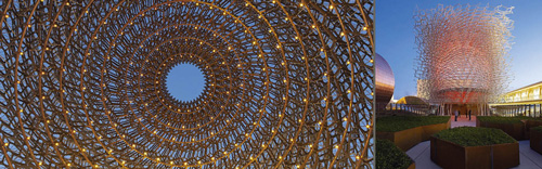 蜂の巣をイメージした英国館 ミツバチは、世界中の生態系を支えており、作物生産にも蜂の受粉は欠かせません。その蜂の巣をイメージしたデザインのパビリオン。館内では、世界各地での食料生産と消費が人々の生活に与える影響について、グローバルに意識を高めることを目指した展示が行われています。2階には英国の軽食が食べられるスペースもあります。