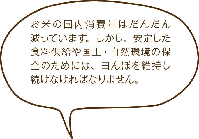お米の国内消費量はだんだん減っています。しかし、安定した食料供給や国土・自然環境の保全のためには、田んぼを維持し続けなければなりません。