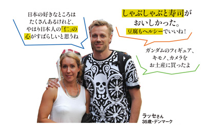 「日本の好きなところはたくさんあるけれど、やはり日本人の「仁」の心がすばらしいと思うね」「しゃぶしゃぶと寿司がおいしかった。豆腐もヘルシーでいいね！」「ガンダムのフィギュア、キモノ、カメラをお土産に買ったよ」ラッセさん 35歳・デンマーク