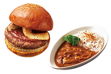 藤木シェフ監修の「信州ジビエ THE 鹿肉バーガー」（ベッカーズ）と「信州鹿肉ジビエカレー」（ベックスコーヒーショップ）。期間限定での販売