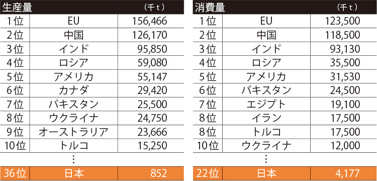 世界の小麦生産量・消費量ランキング