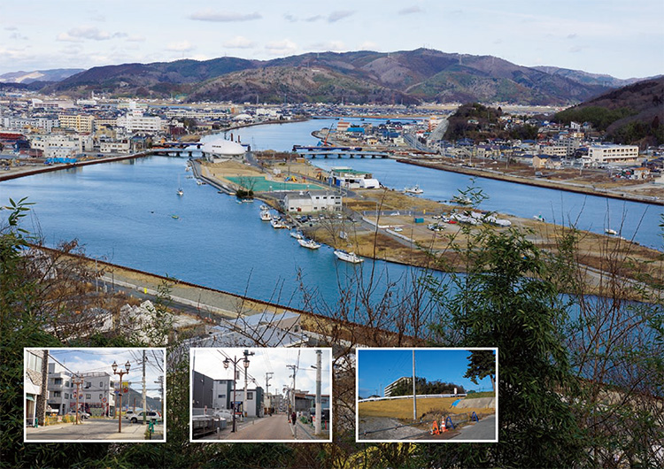 日和山（ひよりやま）から見た現在の宮城県・石巻市街。がれきが撤去され、整地を終えた街に、人々の日常が戻っている（2015年12月～16年1月、前ページの写真と同じポイントから撮影）