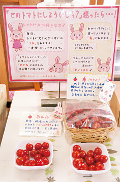 直売所内の試食コーナー。「トマトは時期によって味が違うので」と、そのときの好みの味が選べるようになっている。