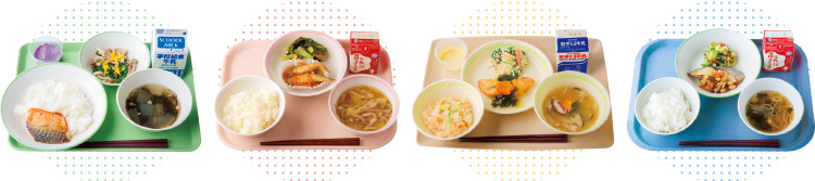 写真左から、沖縄県那覇市立金城小学校、東京都足立区立鹿浜第一小学校、岩手県盛岡市立河北小学校、東京都中央区立泰明小学校の和食献立給食。