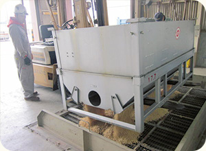 収穫された大豆は乾燥施設に持ち込まれ、さやなどのゴミを取り除きながら乾燥させる。