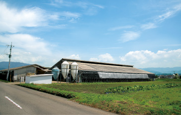 周囲を遮るものがない広々とした環境にある、福永牧場の肥育牛舎。