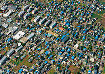 屋根の修繕が間に合わず、ブルーシートで養生する家々。