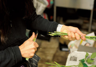 水を吸いやすくするように、茎の断面を大きく処理。下端をナイフで斜めに。