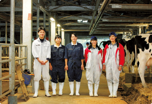 乳牛や和牛、豚の飼育管理技術を習得する。酪農では40頭のホルスタイン種を飼育。