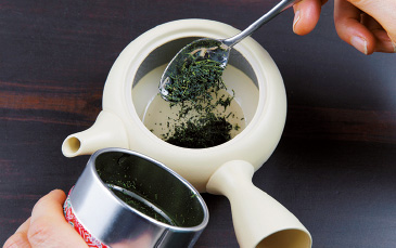 深蒸し煎茶を急須に入れる。茶葉の量は、一人あたり、ティースプーン約1杯(2~3グラム)が目安。