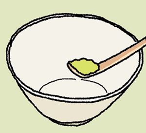 茶碗はあらかじめ温めておき、茶杓で抹茶を1杯半から2杯ほどすくって入れ、80度くらいの湯を適量注ぐ。