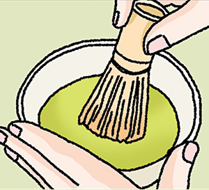 茶筅で手首を前後にしっかり振る。最後はそっと引き上げる。