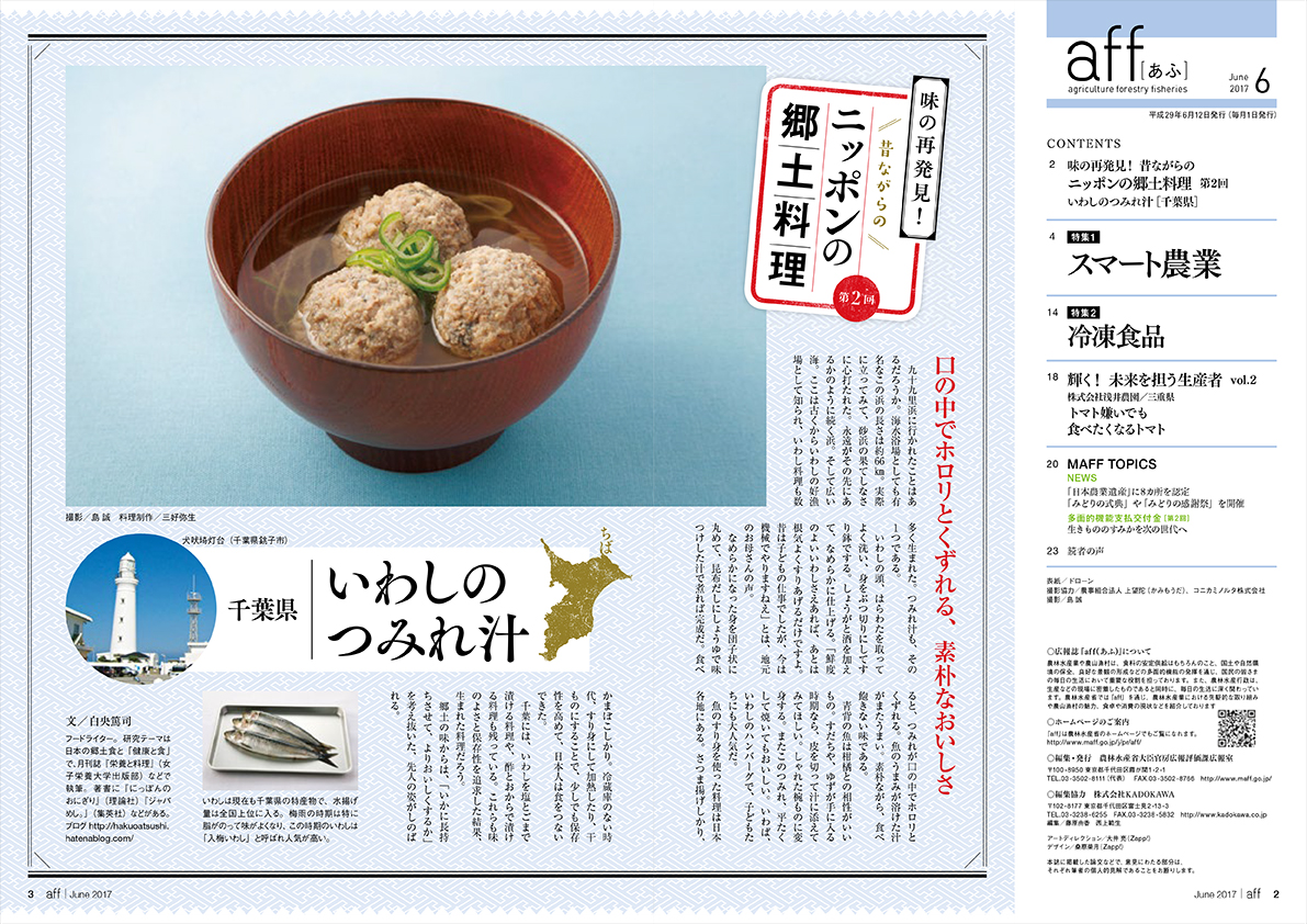 千葉県 いわしのつみれ汁 九十九里浜に行かれたことはあるだろうか。海水浴場としても有名なこの浜の長さは約66㎞。実際に立ってみて、砂浜の果てしなさに心打たれた。永遠がその先にあるかのように続く浜。そして広い海。ここは古くからいわしの好漁場として知られ、いわし料理も数多く生まれた。つみれ汁も、その１つである。いわしの頭、はらわたを取ってよく洗い、身をぶつ切りにしてすり鉢でする。しょうがと酒を加えて、なめらかに仕上げる。「鮮度のよいいわしさえあれば、あとは根気よくすりあげるだけですよ。昔は子どもの仕事でしたが、今は機械でやりますねえ」とは、地元のお母さんの声。なめらかになった身を団子状に丸めて、昆布だしにしょうゆで味つけした汁で煮れば完成だ。食べると、つみれが口の中でホロリとくずれる。魚のうまみが溶けた汁がまたうまい。素朴ながら、食べ飽きない味である。青背の魚は柑橘との相性がいいもの。すだちや、ゆずが手に入る時期なら、皮を切って汁に添えてみてほしい。しゃれた椀ものに変身する。またこのつみれ、平たくして焼いてもおいしい。いわば、いわしのハンバーグで、子どもたちにも大人気だ。魚のすり身を使った料理は日本各地にある。さつま揚げしかり、かまぼこしかり。冷蔵庫のない時代、すり身にして加熱したり、干ものにすることで、少しでも保存性を高めて、日本人は食をつないできた。千葉には、いわしを塩とごまで漬ける料理や、酢とおからで漬ける料理も残っている。これらも味のよさと保存性を追求した結果、生まれた料理だろう。郷土の味からは、「いかに長持ちさせて、よりおいしくするか」を考え抜いた、先人の姿がしのばれる。