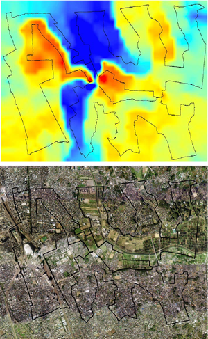 さいたま新都心に近接する見沼田んぼ付近で、水田は市街地に比べ、1.32度低く、周囲より気温の低いクールスポットが形成されていた。