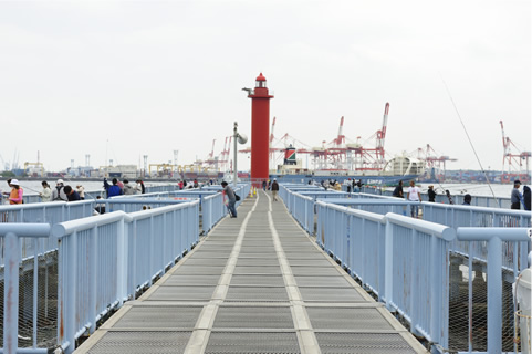 いざ釣り場へ。釣りデッキは総延長400メートル。柵があるので、初心者でも安心。釣っている人との間隔などに配慮しながら、釣り位置を決めよう。