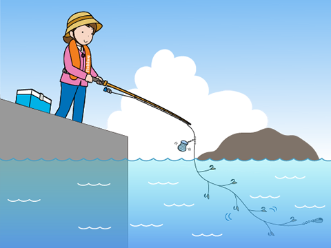 片手で釣りざおを持ちながら、もう片方の手でオモリをつまんで、仕掛けを海へ投げ入れる。