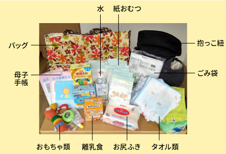 乳幼児がいる家庭の「非常用持ち出し品」の一例。