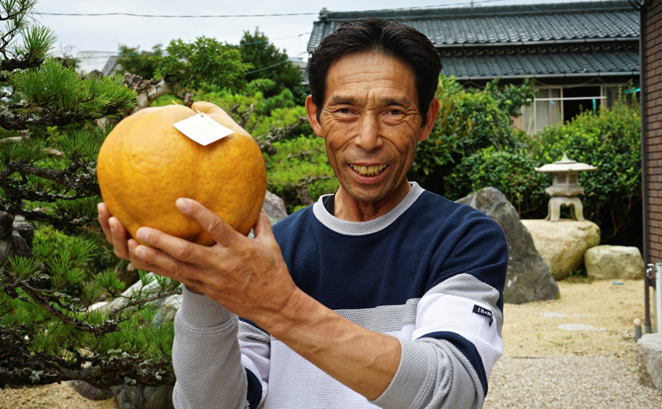 2011年にギネス世界記録に認定された「世界一重い梨」の生産者、梅村さん。