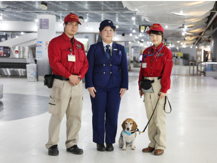 家畜検疫官の若生伶奈さん（中）と検疫探知犬のハンドラーの小谷啓さん（左）と田甫菜千香さん（右）、検疫探知犬のジャグ。
