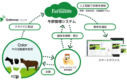 個々の牛の情報を収集して、クラウド上のFarmnoteで分析。AIで発情の兆候や疾病、活動量の低下などを検知し、パソコンやスマートデバイスに通知する。