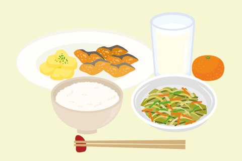 写真：ご飯（主食）、いろいろ野菜の炒めなます（副菜）、魚の竜田揚げこふきいも添え（副菜・主菜）、牛乳（牛乳・乳製品）、みかん（果物）