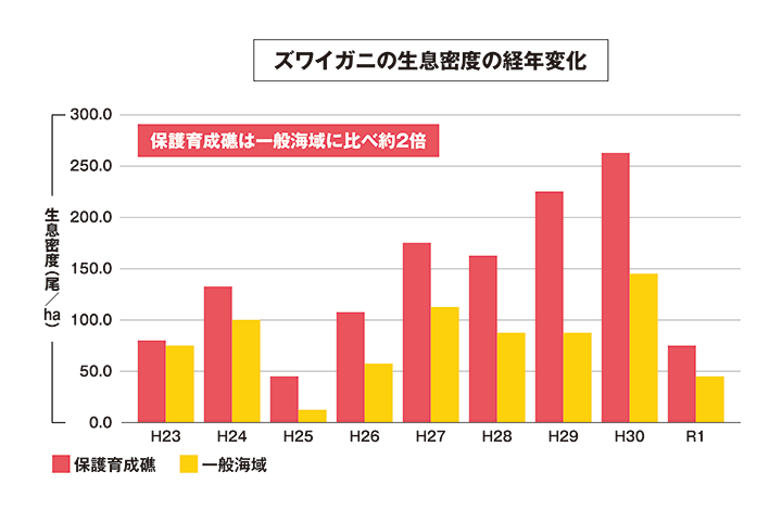 グラフ：ズワイガニ育成密度の経年変化　保護育成礁は一般海域に比べ約2倍