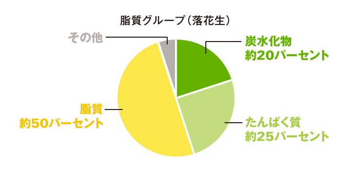 図：脂質グループ（落花生）　炭水化物20パーセント以上、タンパク質約25パーセント、脂質約50パーセント