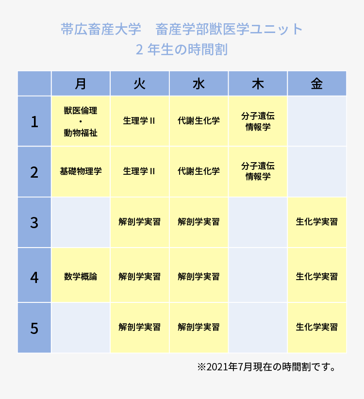 帯広畜産大学 畜産学部獣医学ユニット 2年生の時間割