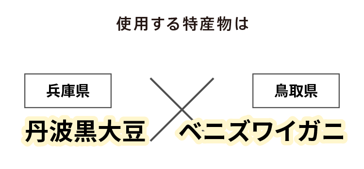 使用する特産物は 兵庫県 丹波黒大豆 × 鳥取県 ベニズワイガニ
