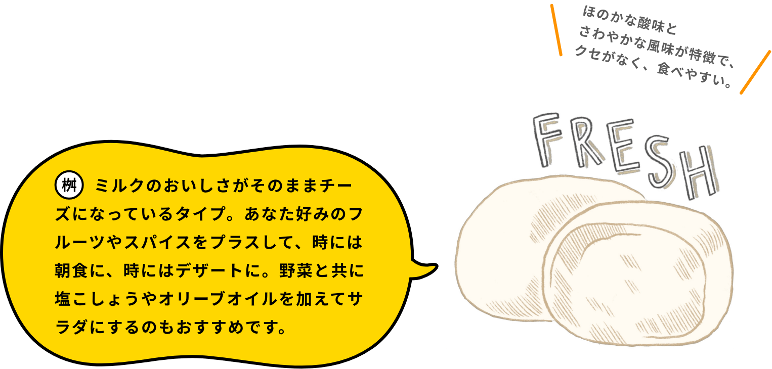 ミルクのおいしさがそのままチーズになっているタイプ。あなた好みのフルーツやスパイスをプラスして、時には朝食に、時にはデザートに。野菜と共に塩こしょうやオリーブオイルを加えてサラダにするのもおすすめです。