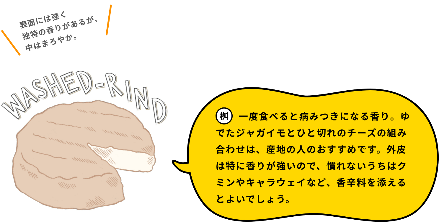 一度食べると病みつきになる香り。ゆでたジャガイモとひと切れのチーズの組み合わせは、産地の人のおすすめです。外皮は特に香りが強いので、慣れないうちはクミンやキャラウェイなど、香辛料を添えるとよいでしょう。